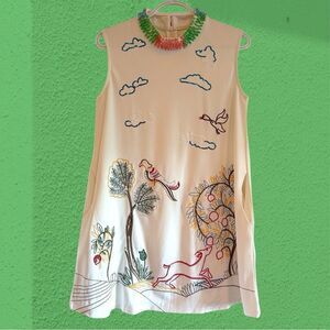 Vintage white embroidered mini shift dress with beaded mock neck.
